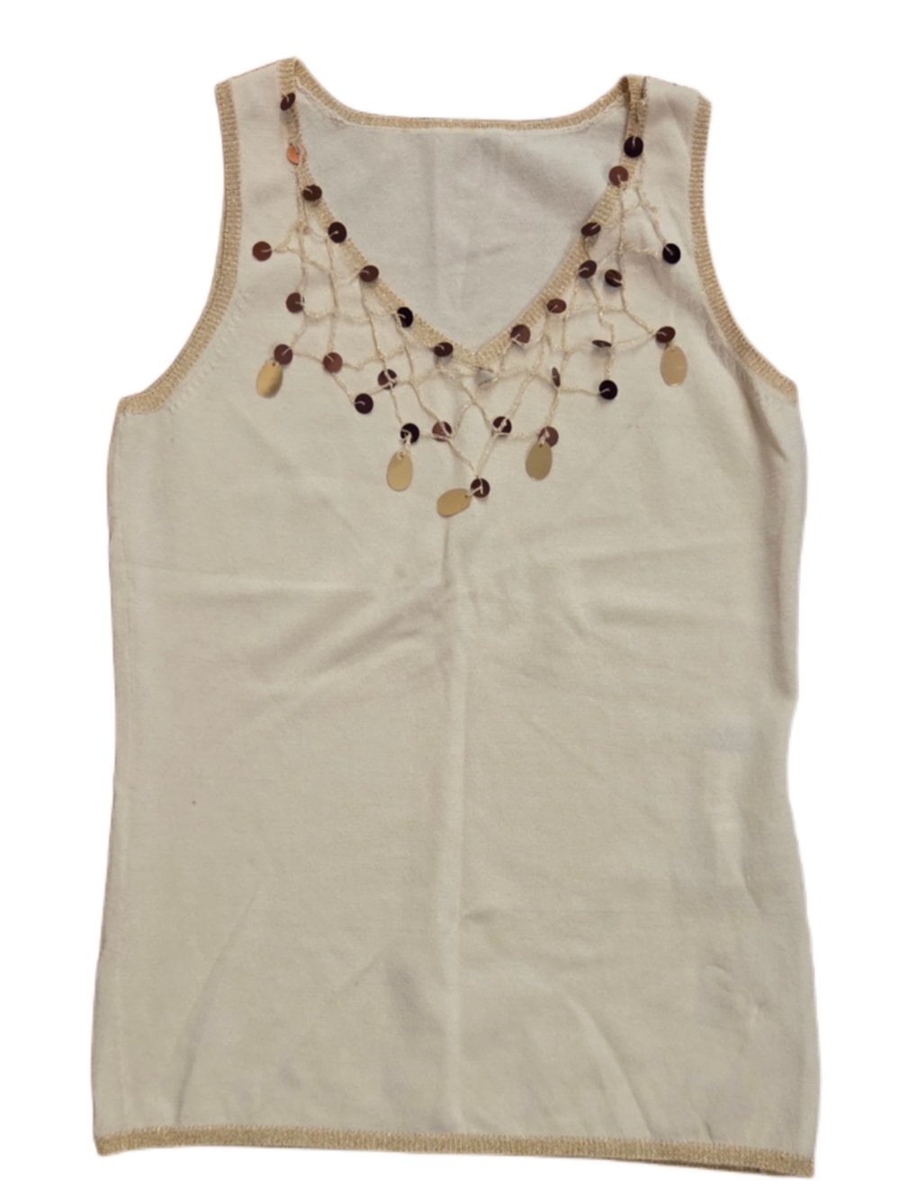 Women's Cream Embellished Net V-Neck Tank Top